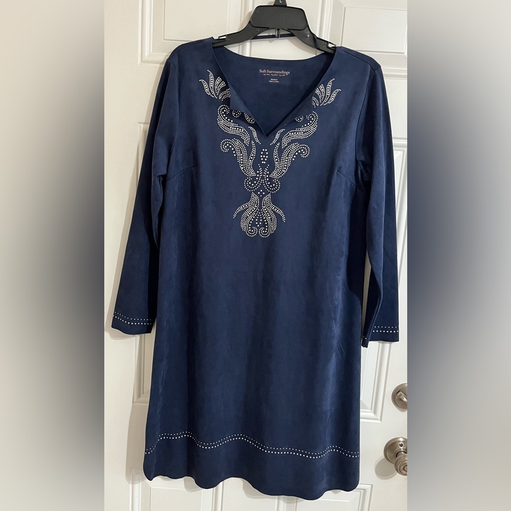 Soft Surroundings Ambrosia Dress Nautical Navy Blue‎ Size M Sheath Studded Suede